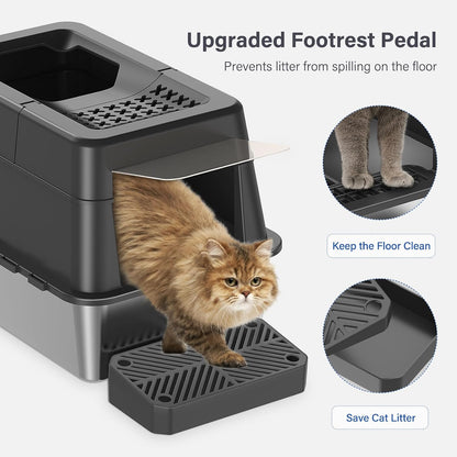 Stainless Steel Enclosed Cat Litter Box with Lid & Filter Pedal