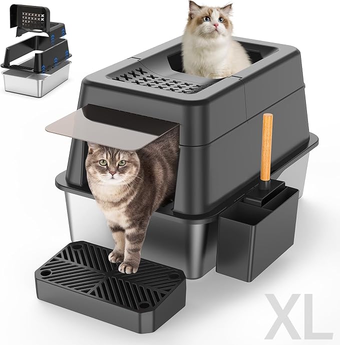 Stainless Steel Enclosed Cat Litter Box with Lid & Filter Pedal