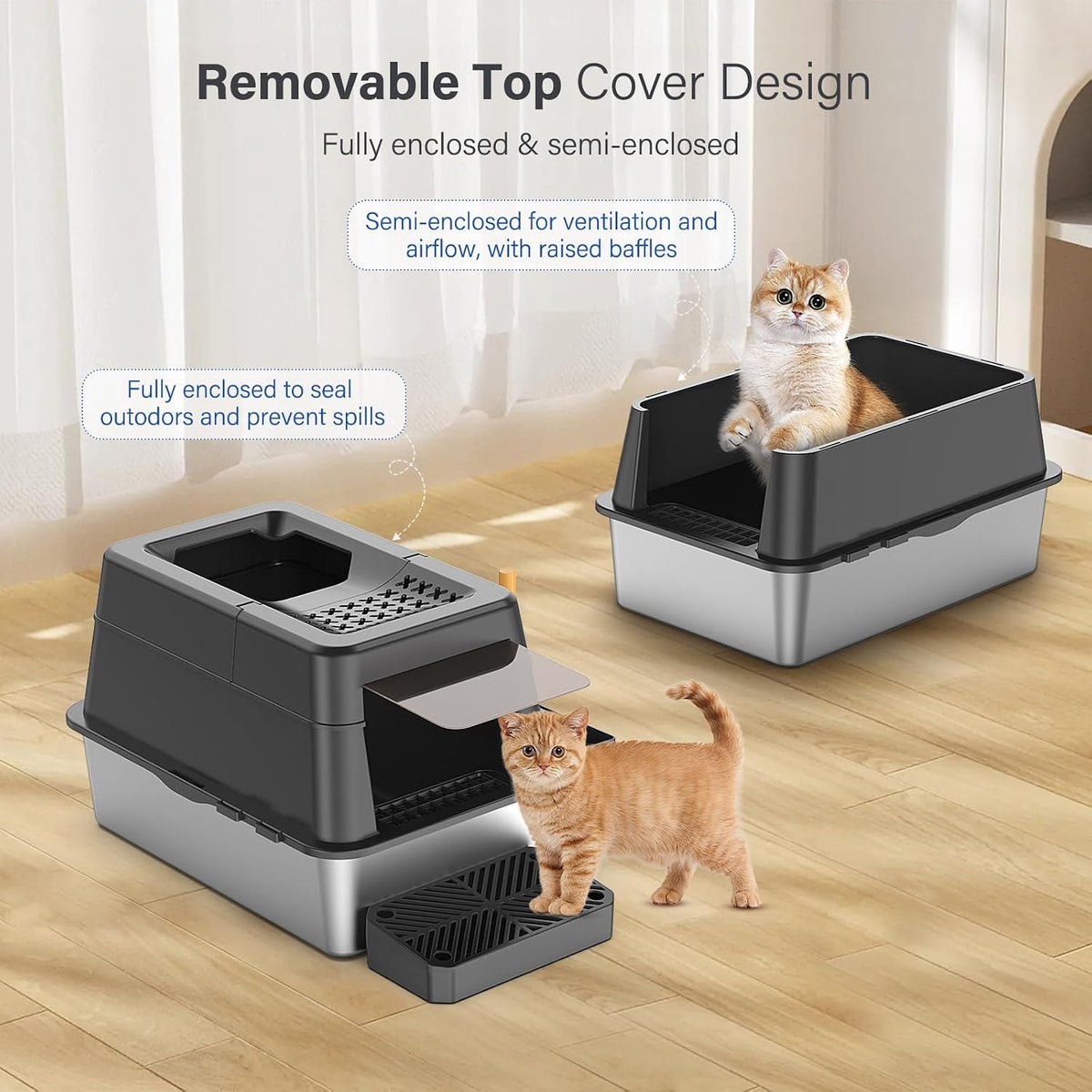 Stainless Steel Enclosed Cat Litter Box with Lid & Filter Pedal