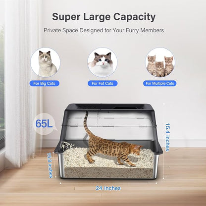 Stainless Steel Enclosed Cat Litter Box with Lid & Filter Pedal