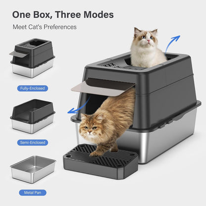 Stainless Steel Enclosed Cat Litter Box with Lid & Filter Pedal