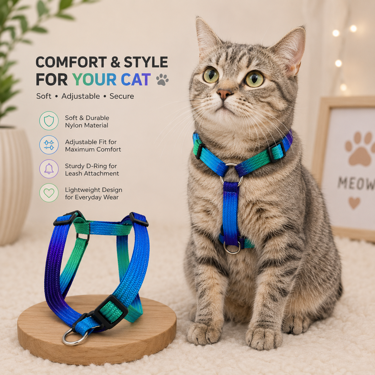 Durable Nylon Colourful Harness For Cats - Multi Color