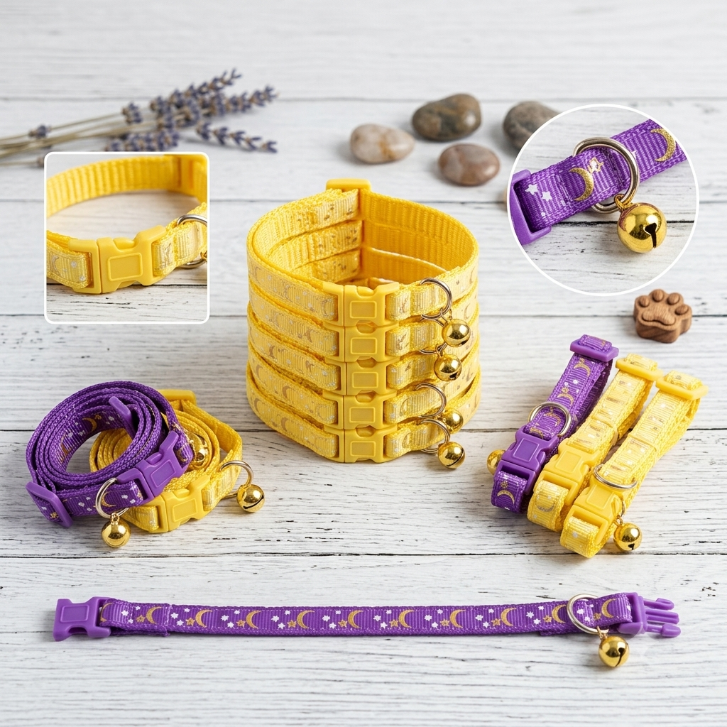 Star and Moon Print Cat Collar With Bell