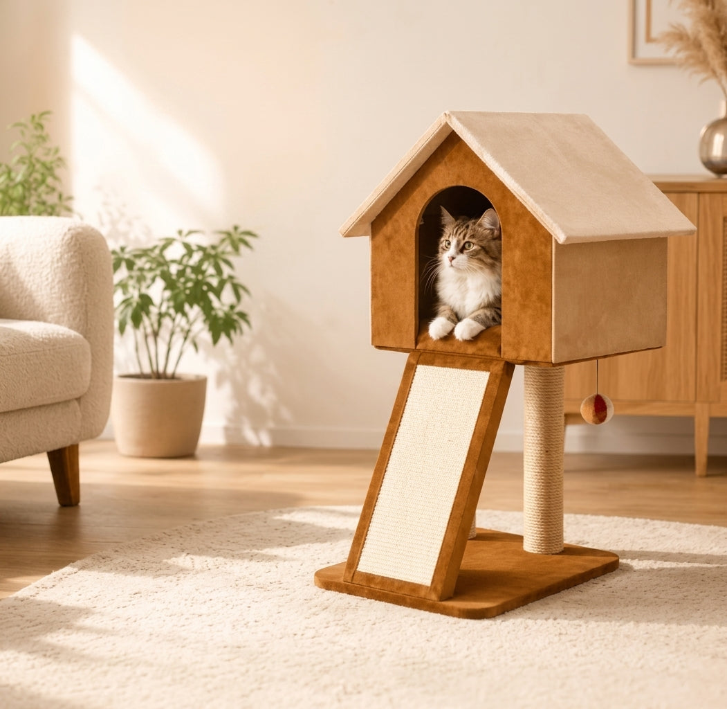 Cat Scratching Pole With Cat Hut