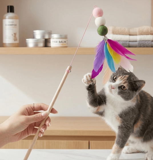 Interactive Wooden Cat Teaser Stick