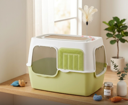 Cat Scratching Post And Cat Teaser Wand 2-in-1 Fully Enclosed Cat Litter Box