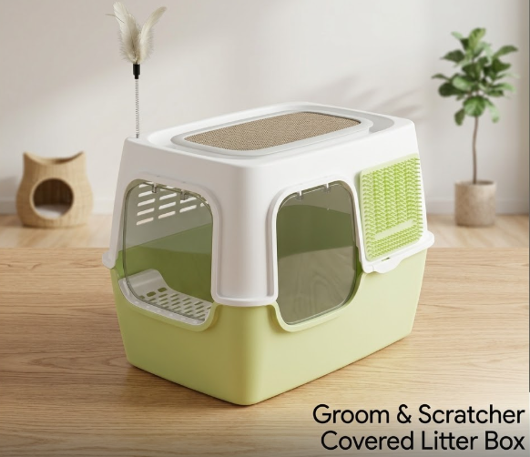 Cat Scratching Post And Cat Teaser Wand 2-in-1 Fully Enclosed Cat Litter Box